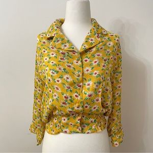 Yellow flora print  waistband 3/4 sleeves shirt